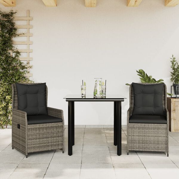vidaXL 3-tlg. Garten-Essgruppe mit Kissen Grau Poly Rattan