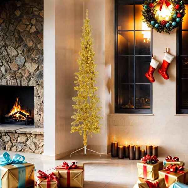 vidaXL K&uuml;nstlicher Halb-Weihnachtsbaum mit St&auml;nder Schlank Gold 180 cm