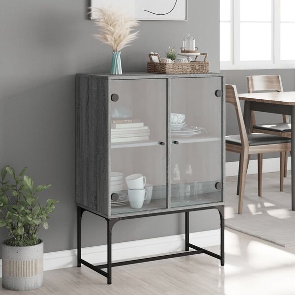 vidaXL Beistellschrank mit Glast&uuml;ren Grau Sonoma 69x37x100 cm
