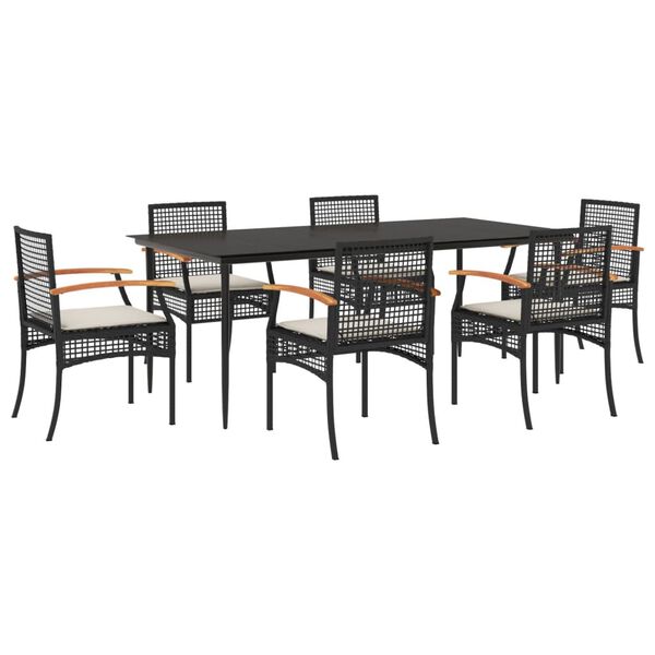 vidaXL 7-tlg. Garten-Essgruppe mit Kissen Schwarz Poly Rattan