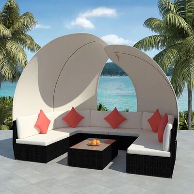 vidaXL 9-tlg. Garten-Lounge-Set mit Sonnendächern Poly Rattan Schwarz