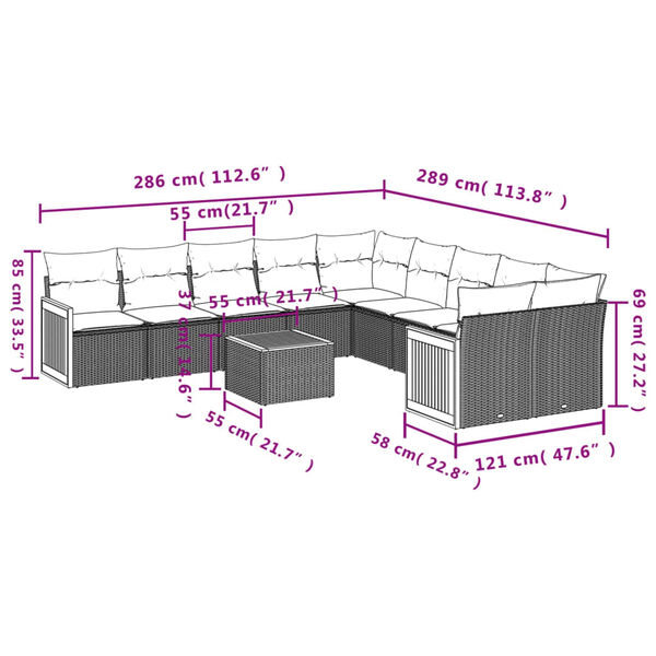 vidaXL 11-tlg. Garten-Sofagarnitur mit Kissen Schwarz Poly Rattan