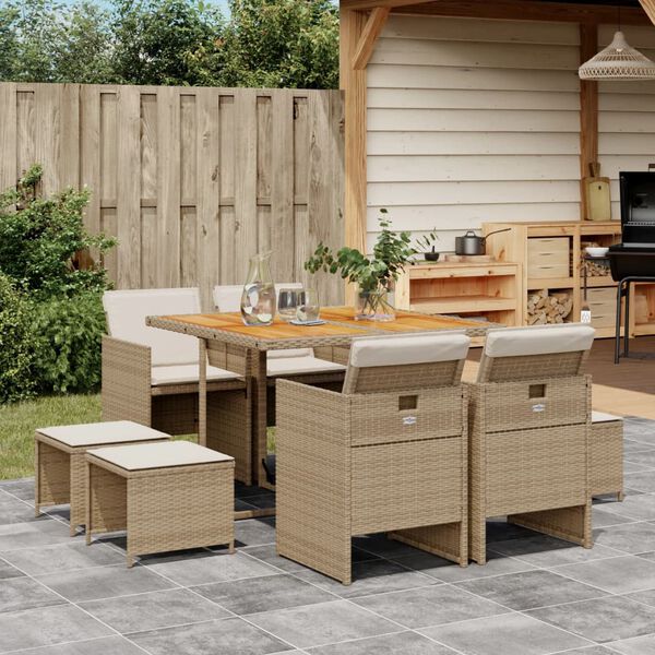 vidaXL 9-tlg. Garten-Essgruppe mit Kissen Beige Poly Rattan
