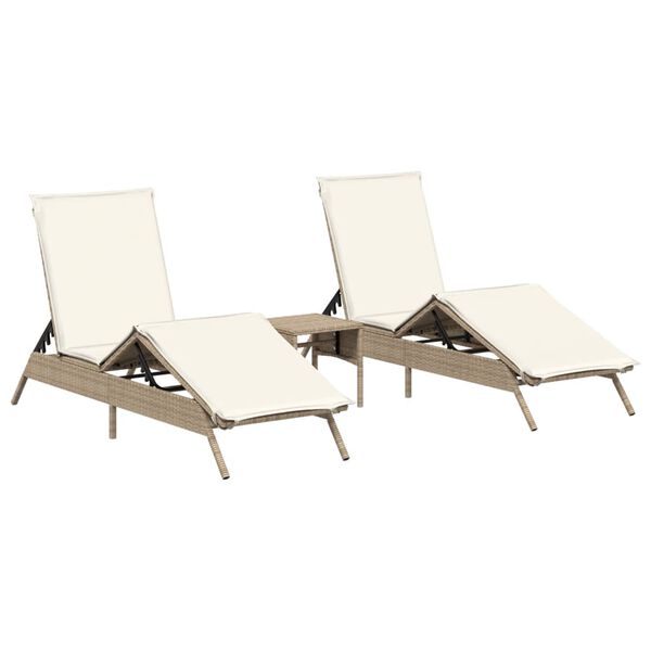 vidaXL Sonnenliegen 2 Stk. mit Tisch Beige Poly Rattan