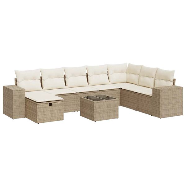 vidaXL 9-tlg. Garten-Sofagarnitur mit Kissen Beige Poly Rattan