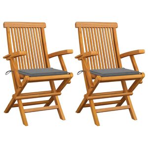 vidaXL Klappst&uuml;hle mit grauen Kissen, 2 St&uuml;ck, Massivholz Teakholz