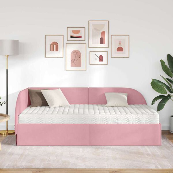 vidaXL Eckbettgestell mit Matratze mit Kopfteil 2 pcs Rosa Samt