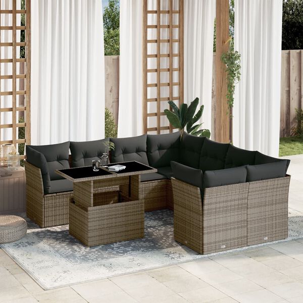 vidaXL 9-tlg. Garten-Sofagarnitur mit Kissen Grau Poly Rattan