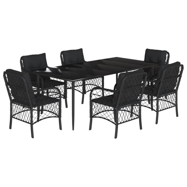 vidaXL 7-tlg. Garten-Essgruppe mit Kissen Schwarz Poly Rattan