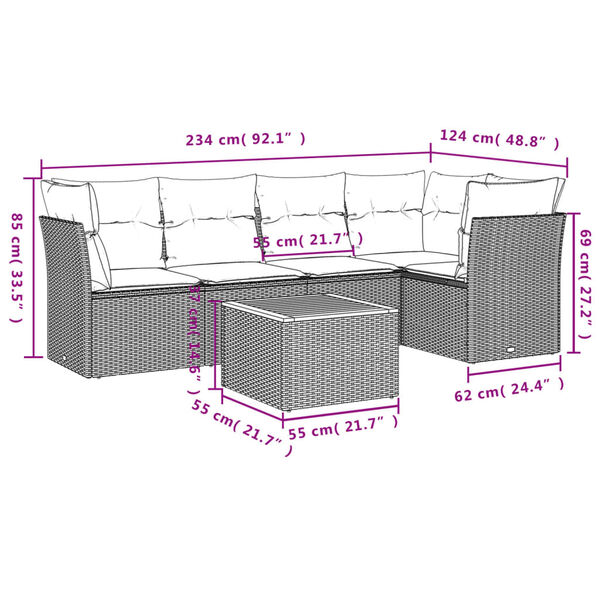 vidaXL 6-tlg. Garten-Sofagarnitur mit Kissen Beige Poly Rattan