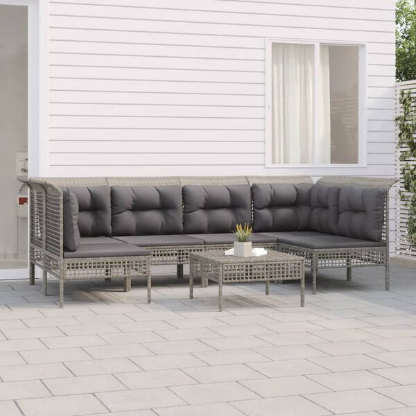vidaXL 7-tlg. Garten-Lounge-Set mit Kissen Grau Poly Rattan
