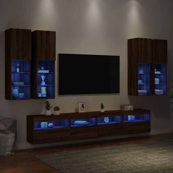 vidaXL 7-tlg. TV-Wohnwand mit LED-Leuchten Braun Eichen-Optik