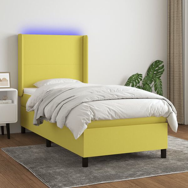 vidaXL Boxspringbett mit Matratze & LED Gr&uuml;n 90x190 cm Stoff