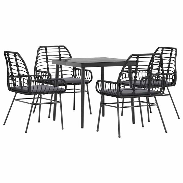 vidaXL 5-tlg. Garten-Essgruppe mit Kissen Schwarz Poly Rattan Glas