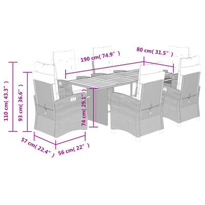 vidaXL 7-tlg. Garten-Essgruppe mit Kissen Schwarz Poly Rattan