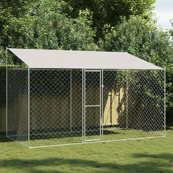 vidaXL Hundek&auml;fig mit Dach Silber 400 x 200 x 256 cm Stahl und PE