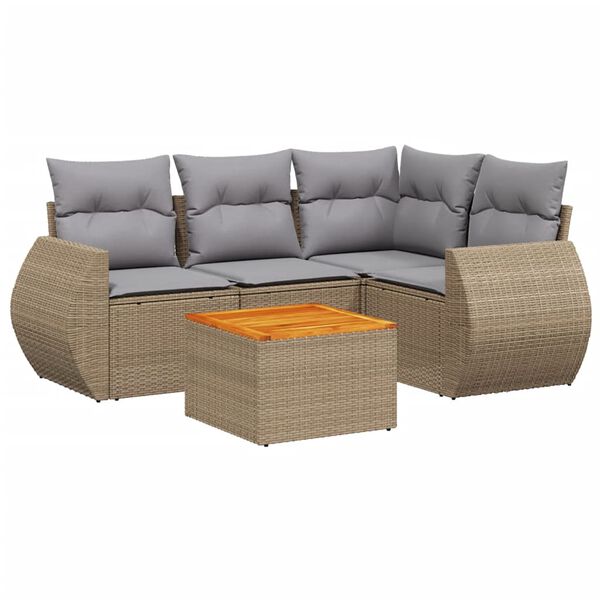 vidaXL 5-tlg. Garten-Sofagarnitur mit Kissen Beige Poly Rattan