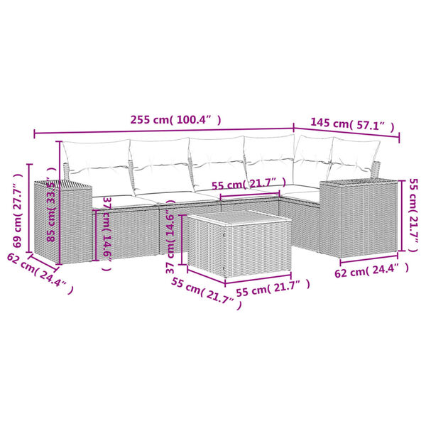 vidaXL 6-tlg. Garten-Sofagarnitur mit Kissen Grau Poly Rattan