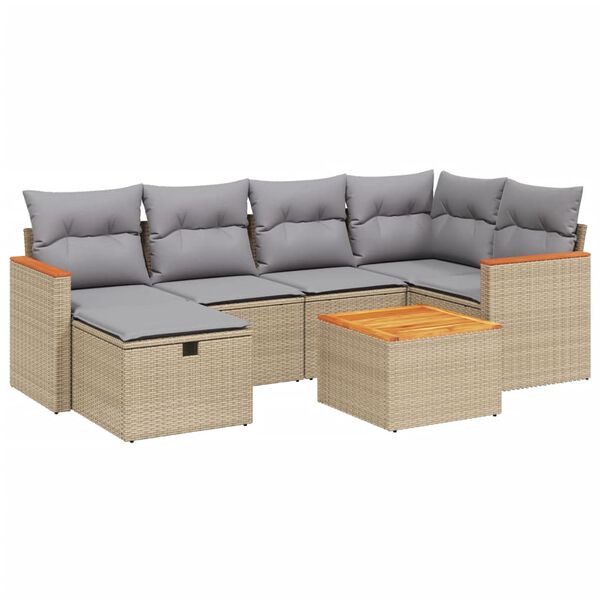 vidaXL 7-tlg. Garten-Sofagarnitur mit Kissen Beige Poly Rattan
