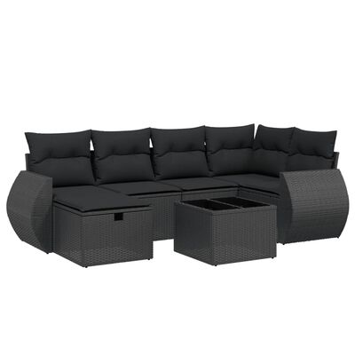 vidaXL 7-tlg. Garten-Sofagarnitur mit Kissen Schwarz Poly Rattan