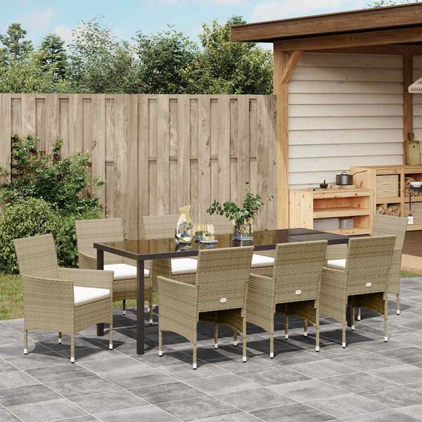 vidaXL Garten Essgruppe mit Kissen 9 pcs Beige Poly-Rattan