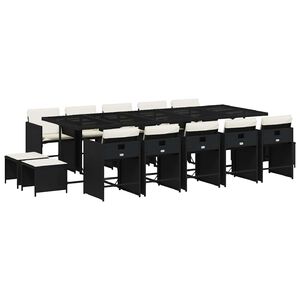 vidaXL 15-tlg. Garten-Essgruppe mit Kissen Schwarz Poly Rattan
