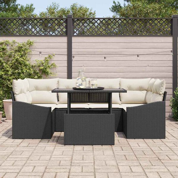 vidaXL Garten-Sofa-Set mit Kissen 7 pcs Schwarz und Creme Poly-Rattan