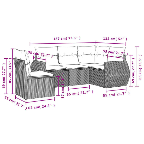 vidaXL 5-tlg. Garten-Sofagarnitur mit Kissen Braun Poly Rattan