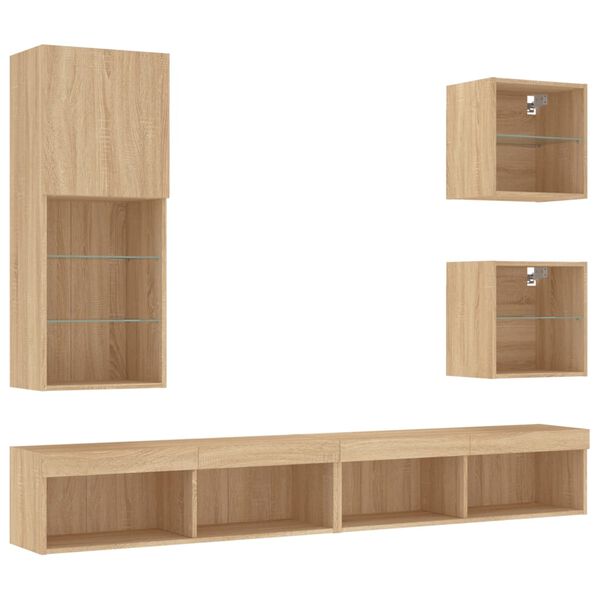 vidaXL 5-tlg. Wohnwand mit LED-Beleuchtung Sonoma-Eiche Holzwerkstoff
