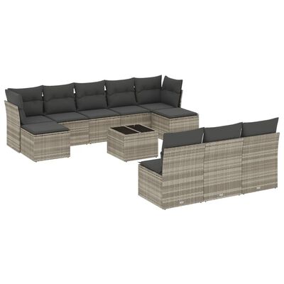 vidaXL 11-tlg. Garten-Sofagarnitur mit Kissen Hellgrau Poly Rattan