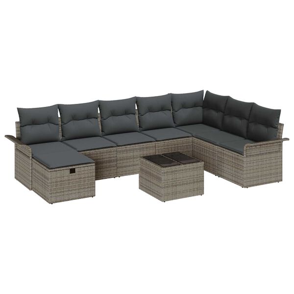 vidaXL Gartensofa-set mit Kissen mit Speicher 9 pcs Grau Poly-Rattan