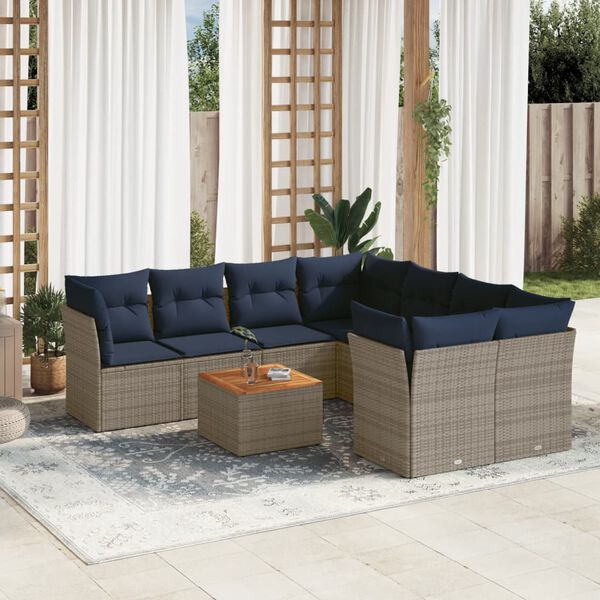 vidaXL 9-tlg. Garten-Sofagarnitur mit Kissen Grau Poly Rattan