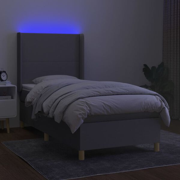vidaXL Boxspringbett mit Matratze & LED Hellgrau 90x200 cm Stoff
