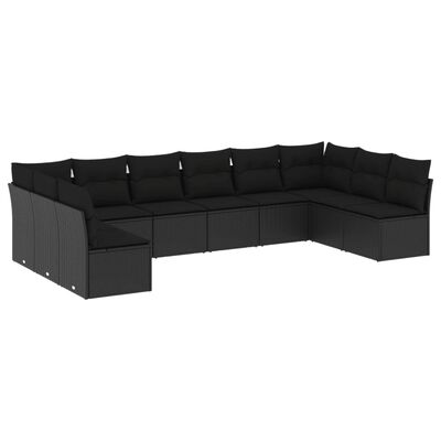 vidaXL 10-tlg. Garten-Sofagarnitur mit Kissen Schwarz Poly Rattan