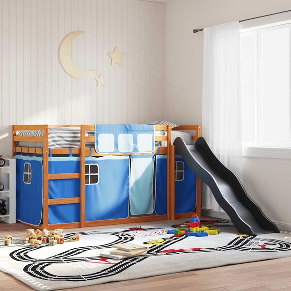 vidaXL Etagenbett mit Rutsche und Gardinen Blau 80x200 cm