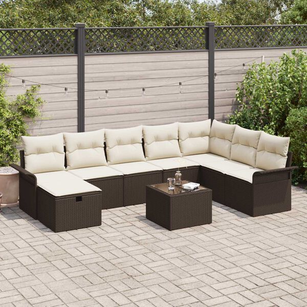 vidaXL Garten-Sofa-Set mit Kissen mit Speicher 9 pcs Braun Poly Rattan