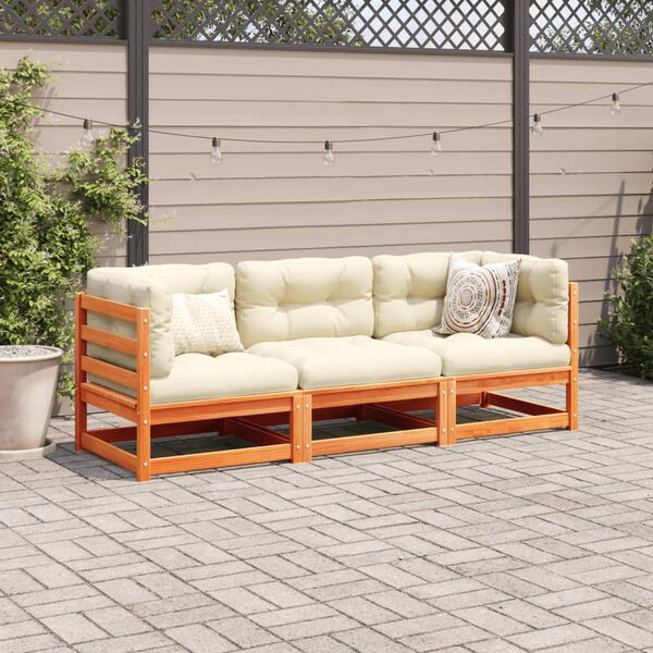 vidaXL 3-tlg. Garten-Sofagarnitur mit Kissen Wachsbraun Kiefernholz