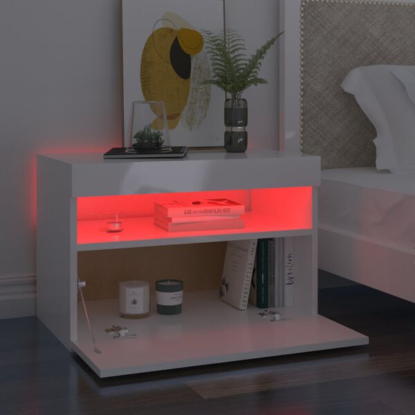 vidaXL Nachttische mit LED-Leuchten 2 Stk. Hochglanz-Wei&szlig; 60x35x40cm