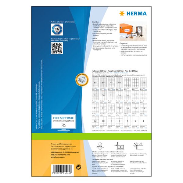 HERMA Etiketten PREMIUM Permanent Haftend A4 70x37 mm 100 Bl&auml;tter