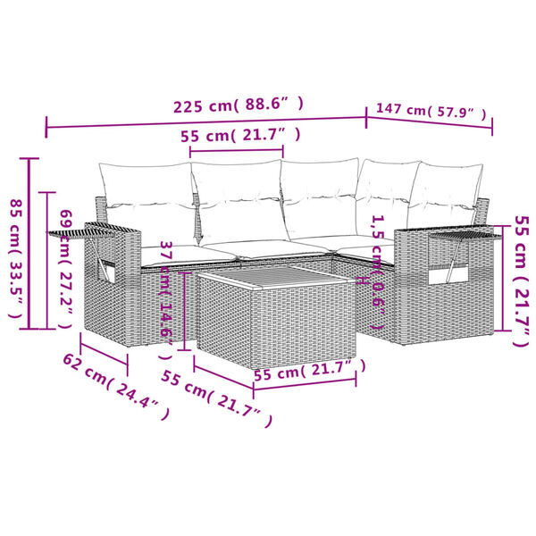 vidaXL 5-tlg. Garten-Sofagarnitur mit Kissen Schwarz Poly Rattan