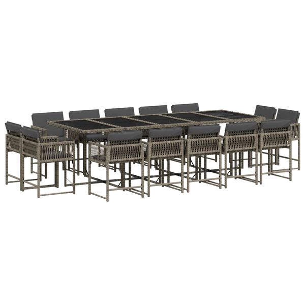 vidaXL 15-tlg. Garten-Essgruppe mit Kissen Grau Poly Rattan