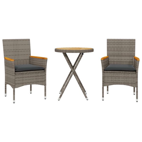 vidaXL 3-tlg. Bistro-Set mit Kissen Grau Poly Rattan & Akazienholz