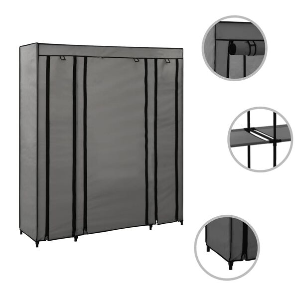 vidaXL Stoffschrank mit F&auml;chern Kleiderstangen Grau 150x45x176cm
