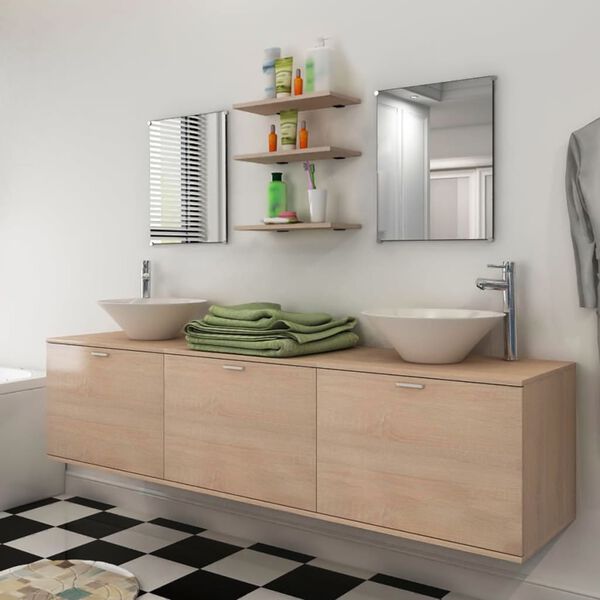 vidaXL 10-tlg. Badm&ouml;bel-Set mit Waschbecken und Wasserhahn Beige