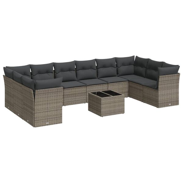 vidaXL 11-tlg. Garten-Sofagarnitur mit Kissen Grau Poly Rattan