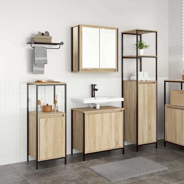 vidaXL Badezimmerm&ouml;bel-Set mit Regal 3 pcs Sonoma Eiche und Schwarz