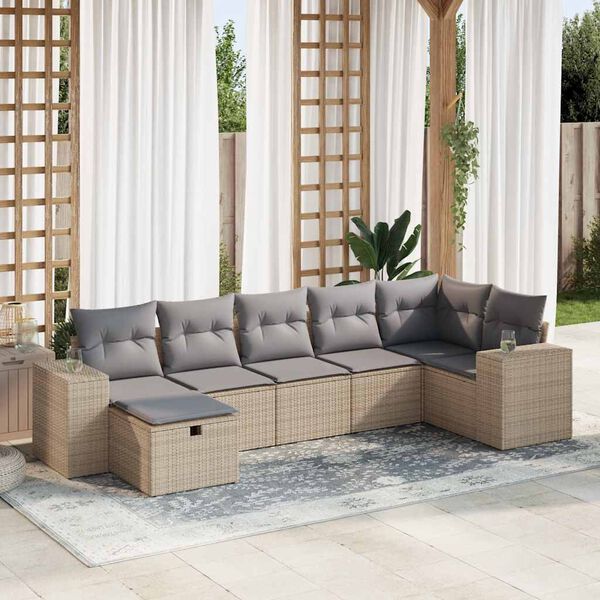 vidaXL 7-tlg. Garten-Sofagarnitur mit Kissen Beige Poly Rattan