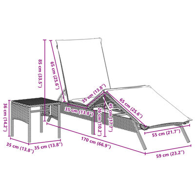 vidaXL Sonnenliegen 2 Stk. mit Tisch Hellgrau Poly Rattan