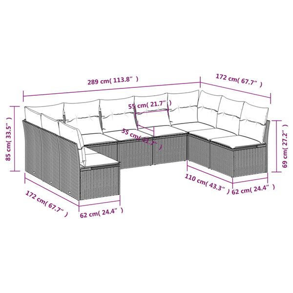 vidaXL 9-tlg. Garten-Sofagarnitur mit Kissen Hellgrau Poly Rattan
