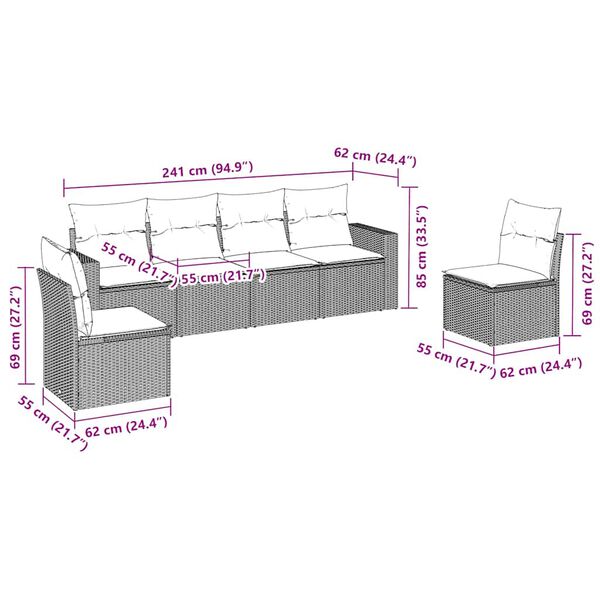 vidaXL 6-tlg. Garten-Sofagarnitur mit Kissen Braun Poly Rattan